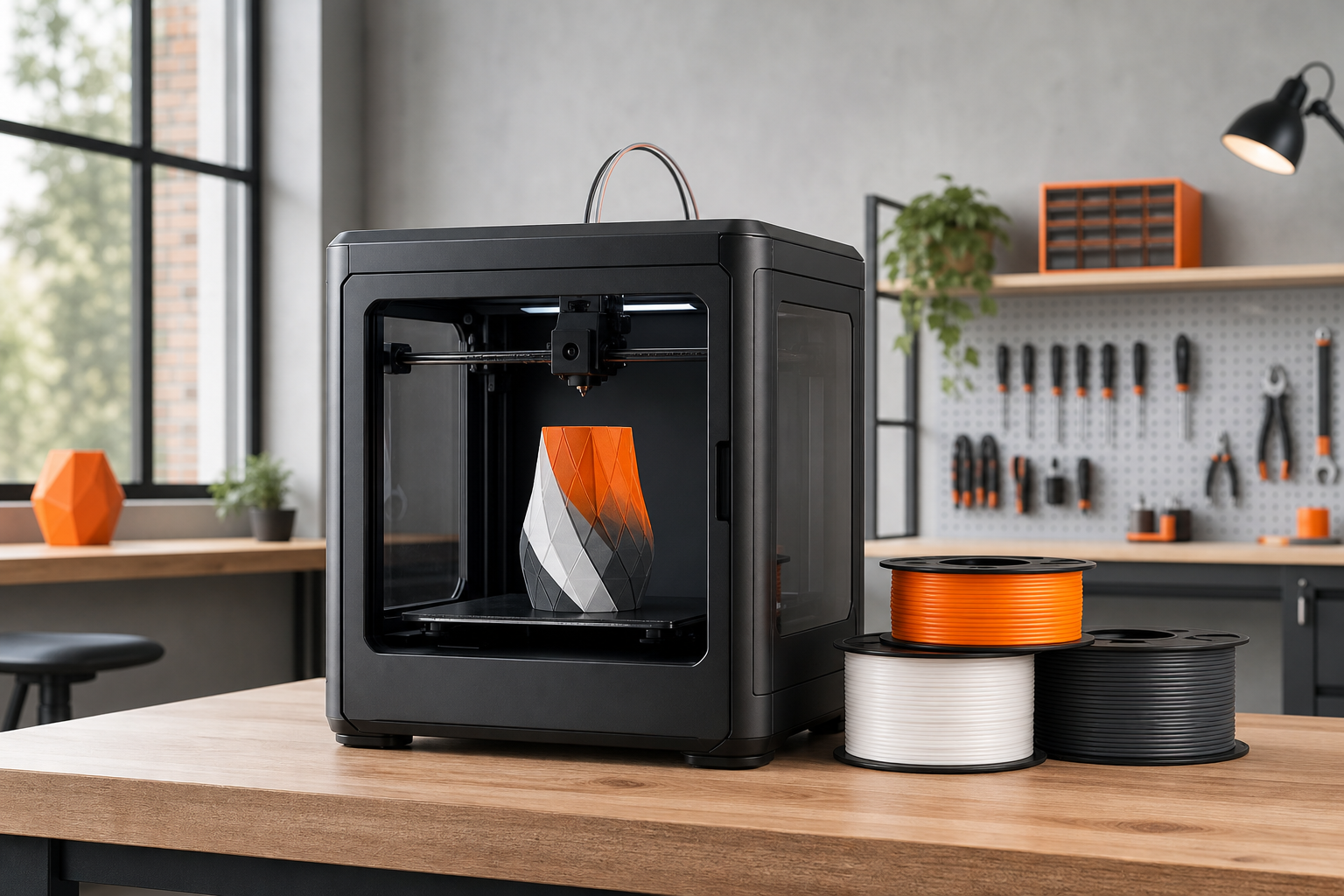 Imprimante 3D FDM fermée dans un atelier avec plusieurs bobines de filament