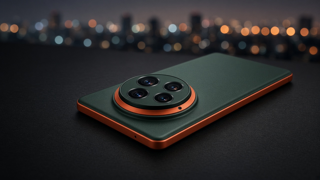 Premium flagship smartphone with a large camera island on a dark studio surface