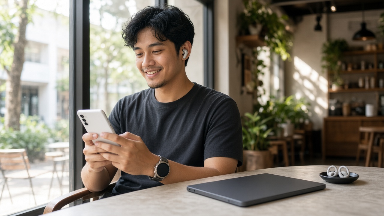 Lifestyle setup with a slim phone, tablet, earbuds, and smartwatch on a cafe table
