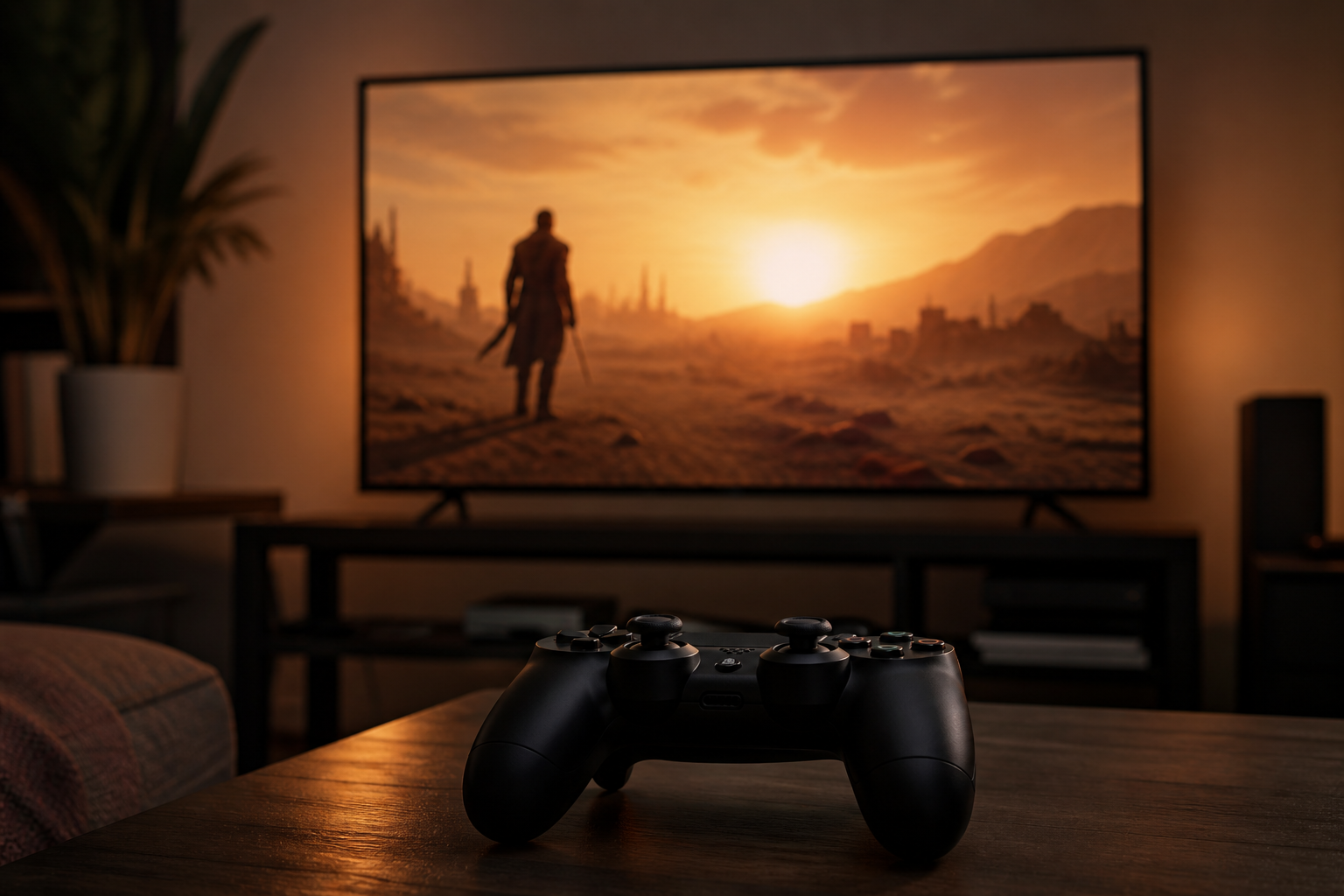 Game controller in front of a TV showing a desert wasteland scene