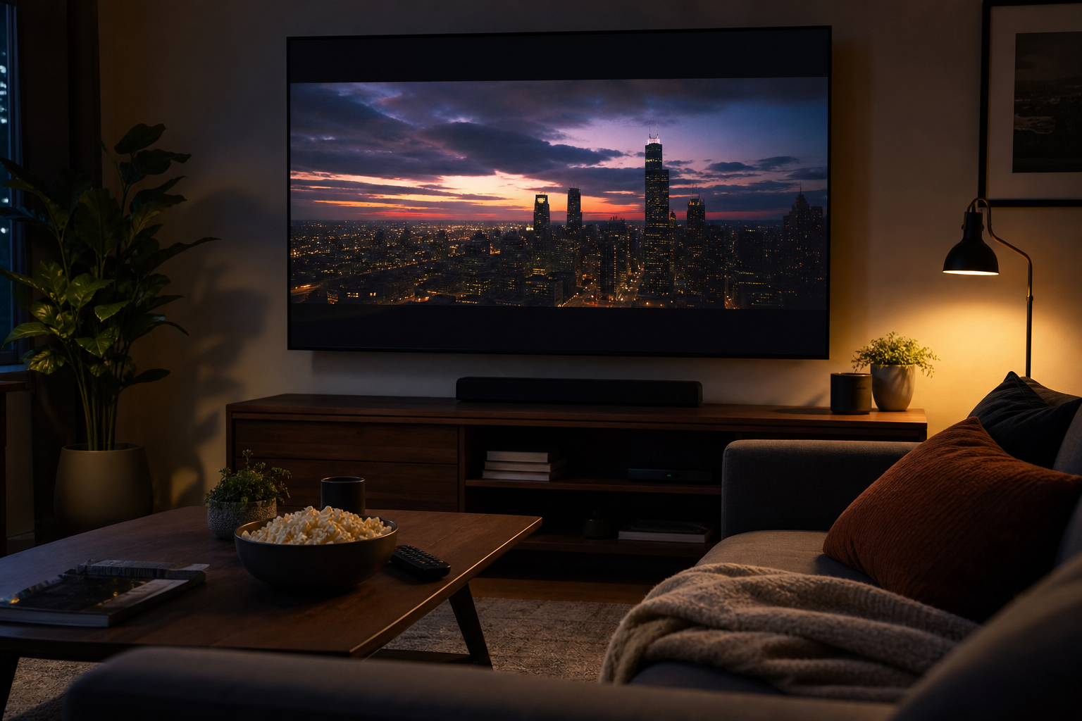 Living room TV ready for a movie night
