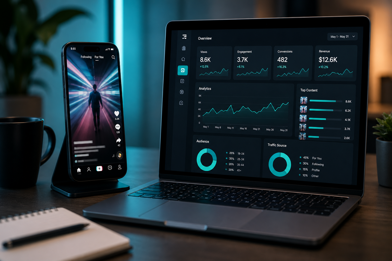 Marketer reviewing TikTok-style ads performance on laptop and phone