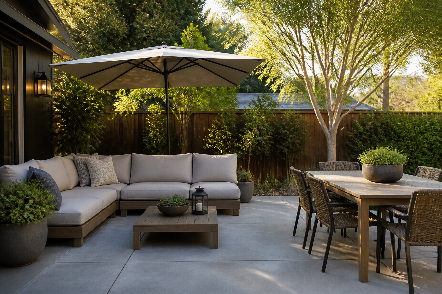 Patio furniture layout with umbrella shade