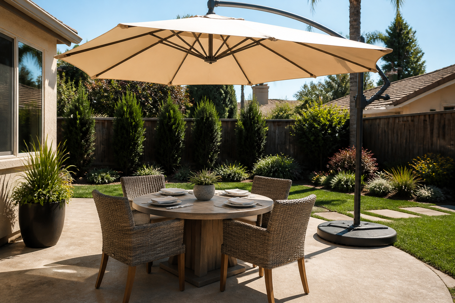 Patio umbrella over outdoor dining furniture