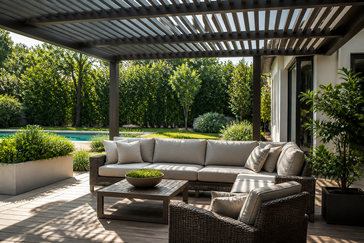 Pergola shading an outdoor lounge set