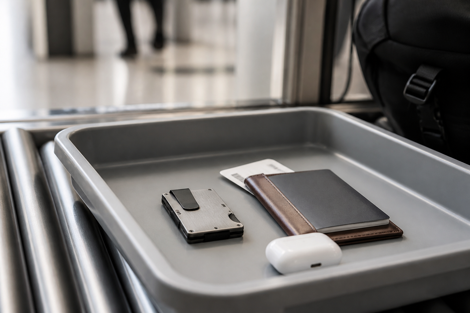 Slim wallet and passport ready for the airport security tray