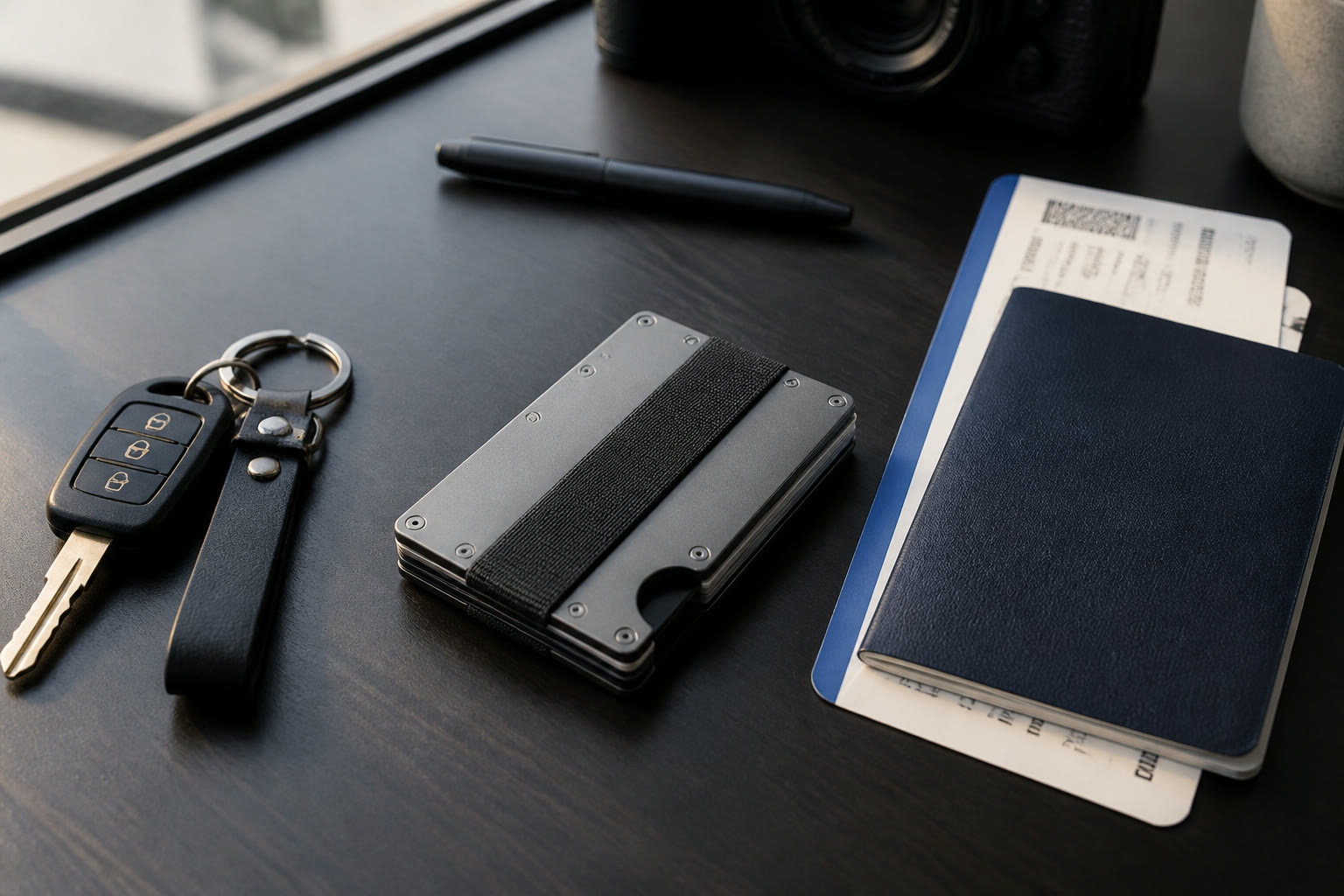 Slim smart wallet and passport ready for carry-on travel