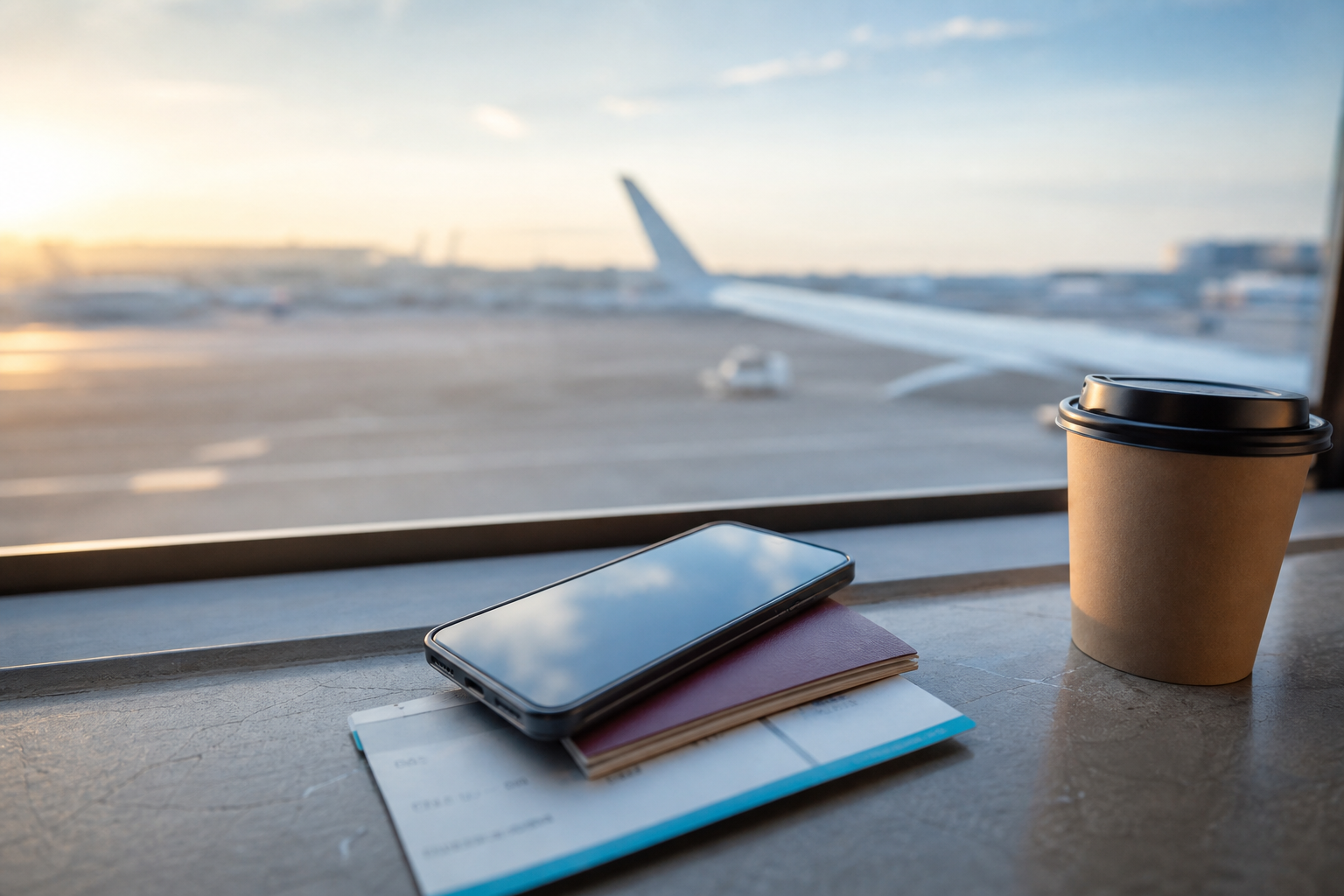Smartphone with passport and boarding pass at an airport window
