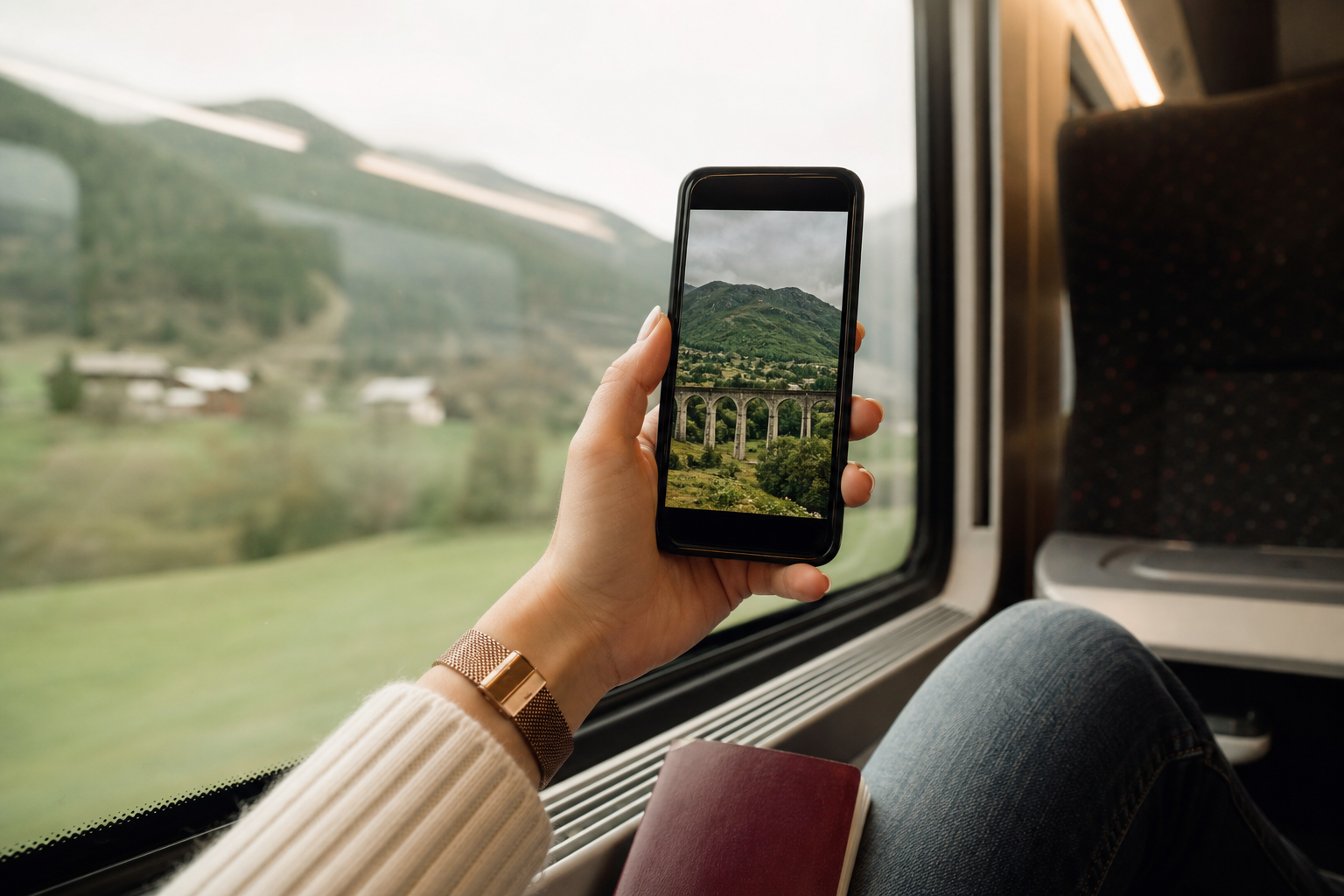 Traveller using a phone on a European train journey