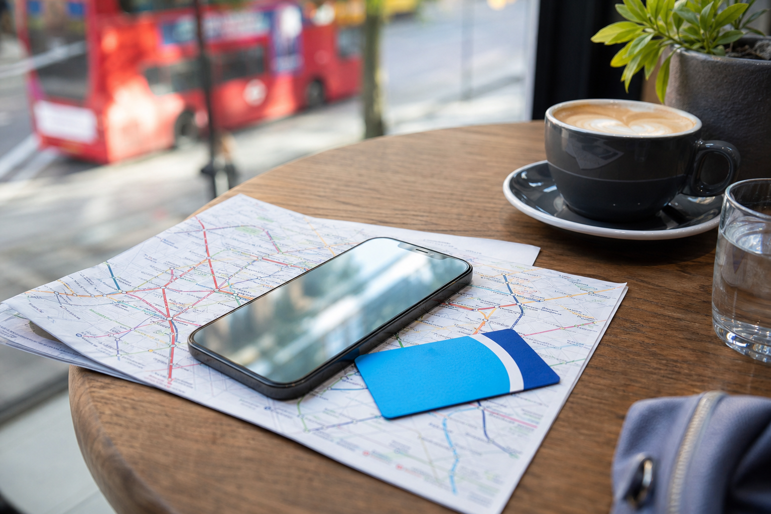 Smartphone on a London cafe table with travel essentials